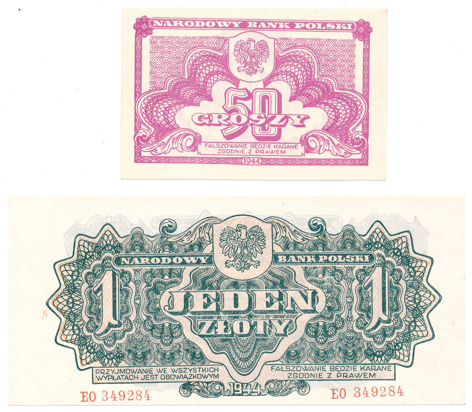 50 groszy, 1 złoty 1944 seria EO - OBOWIĄZKOWYM, zestaw 2 banknotów